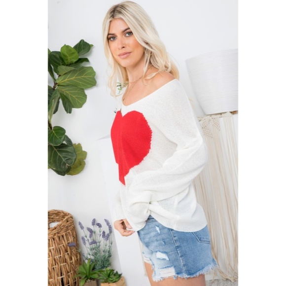 SOLD OUT White Red Heart Knit V-Neck Valentines Day Long Sleeve Relaxed Sweater - Picture 8 of 10